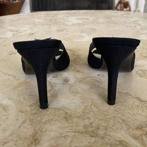 Stuart Weitzman Black Satin Heels Silver Rhinestone Moon & Star Mule Sandals - Picture 6 of 15